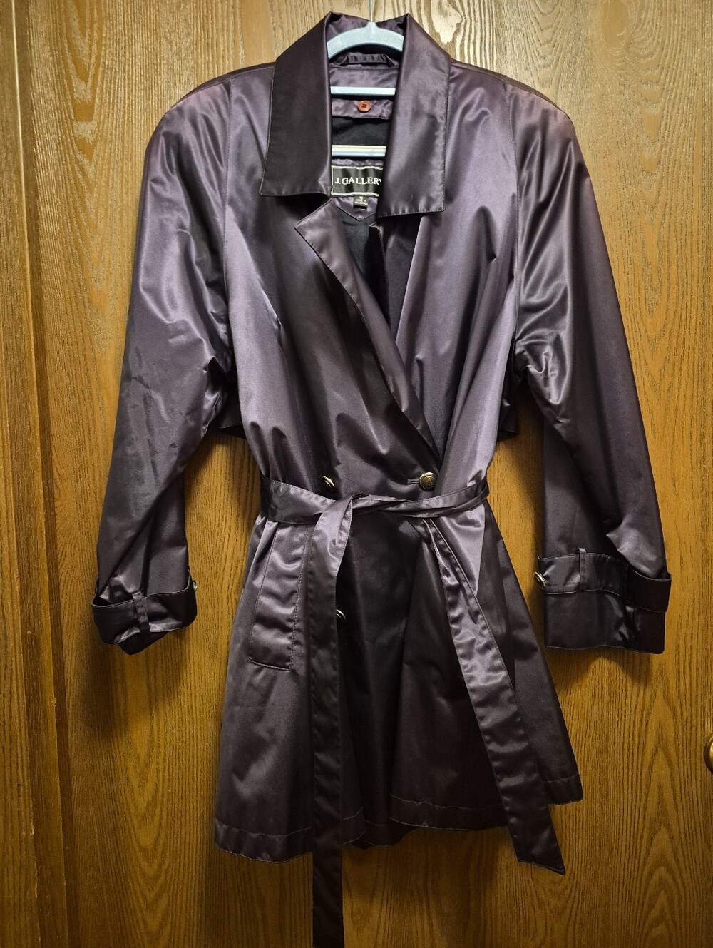 J. Gallery Women's Metallic Plum Belted Satin Trench Coat Size 12 Pristine